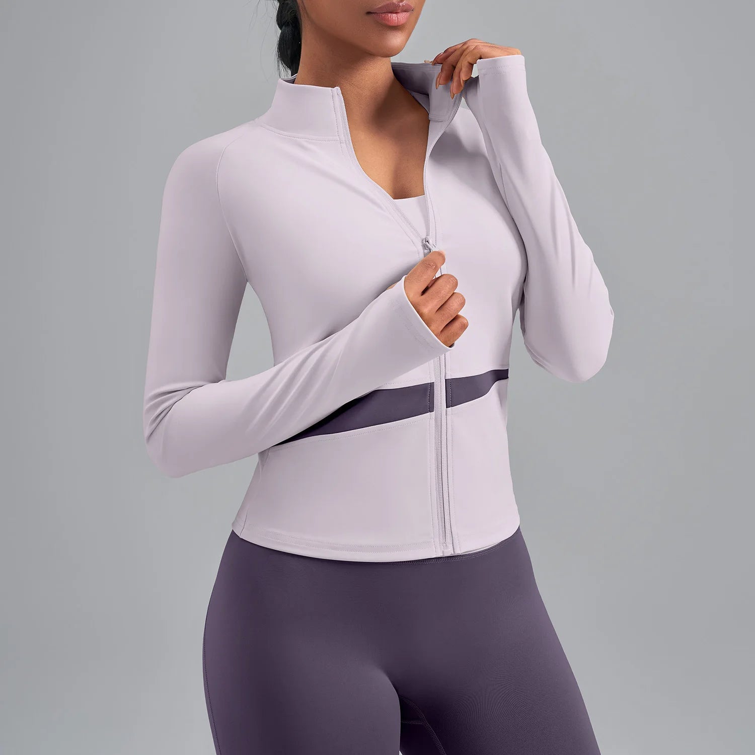Jaqueta Fitness Gola Alta Color Block — Leve, Térmica e Premium