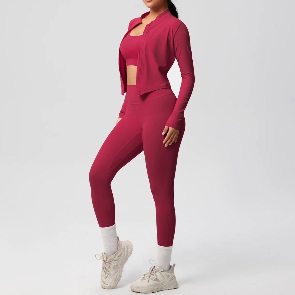 Conjunto Esportivo 3 Peças — Top + Jaqueta + Legging de Alta Performance