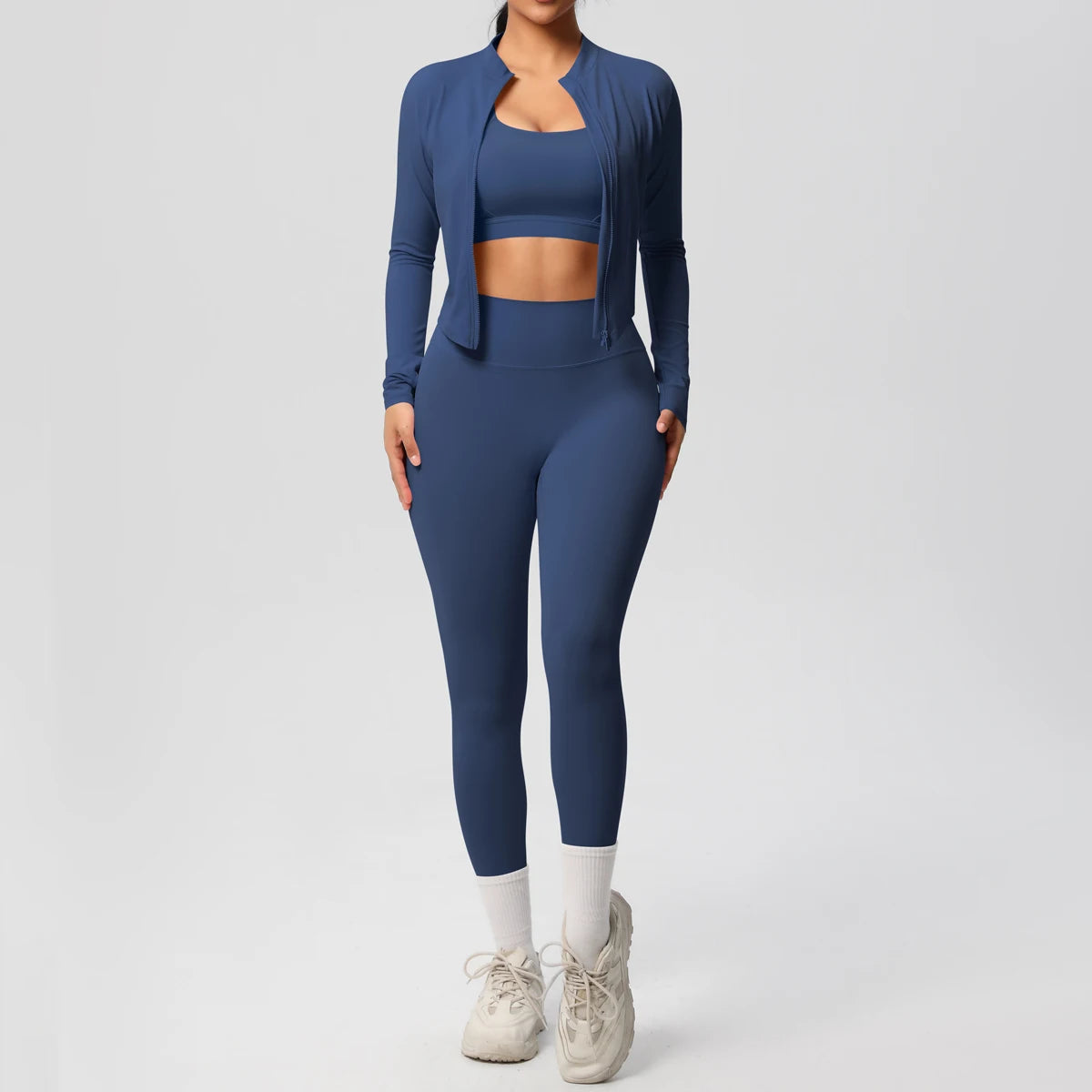 Conjunto Esportivo 3 Peças — Top + Jaqueta + Legging de Alta Performance