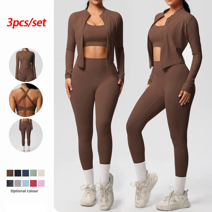 Conjunto Esportivo 3 Peças — Top + Jaqueta + Legging de Alta Performance