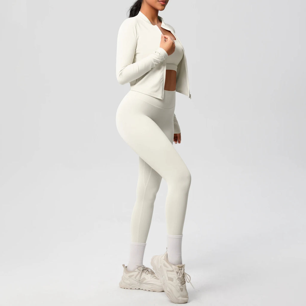 Conjunto Esportivo 3 Peças — Top + Jaqueta + Legging de Alta Performance