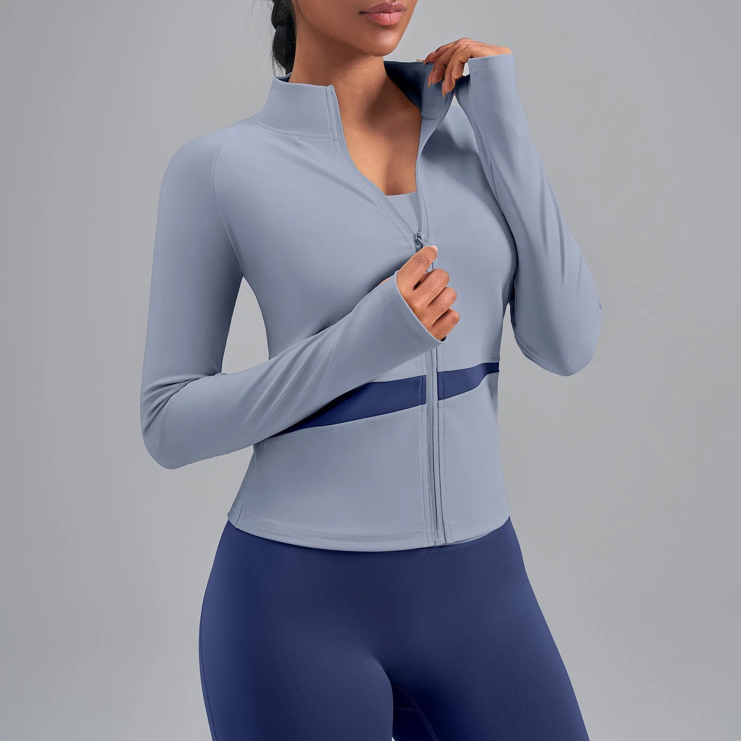 Jaqueta Fitness Gola Alta Color Block — Leve, Térmica e Premium