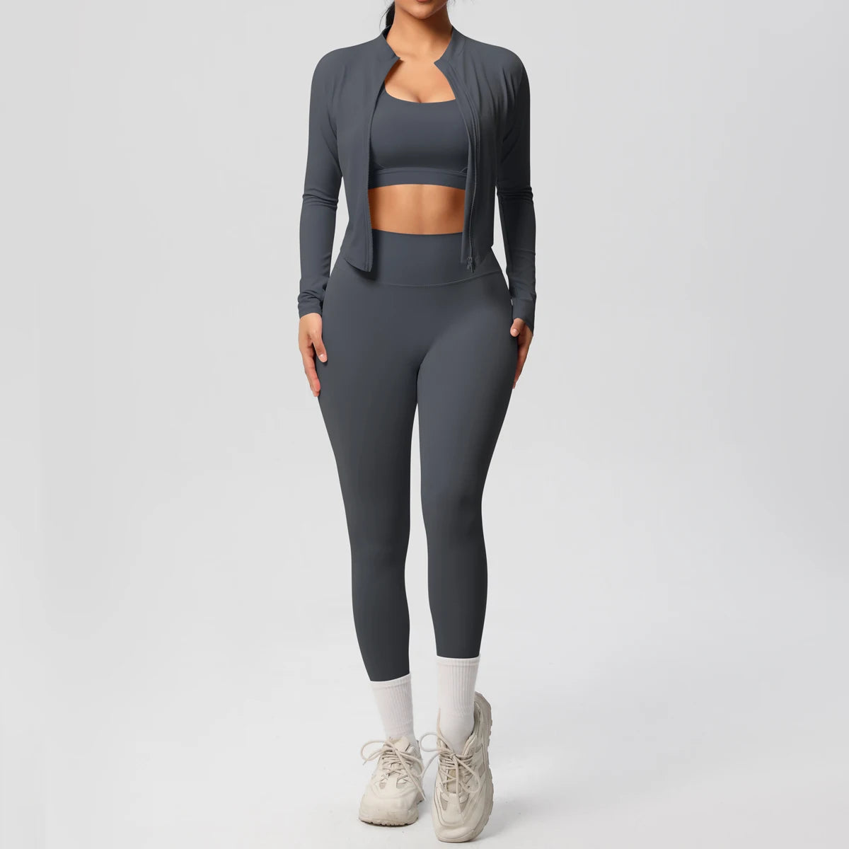 Conjunto Esportivo 3 Peças — Top + Jaqueta + Legging de Alta Performance