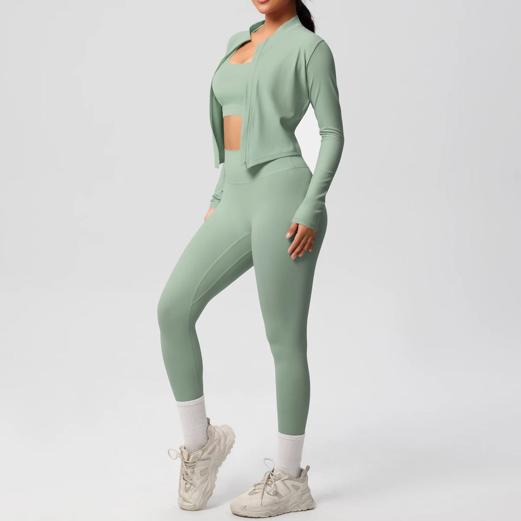 Conjunto Esportivo 3 Peças — Top + Jaqueta + Legging de Alta Performance