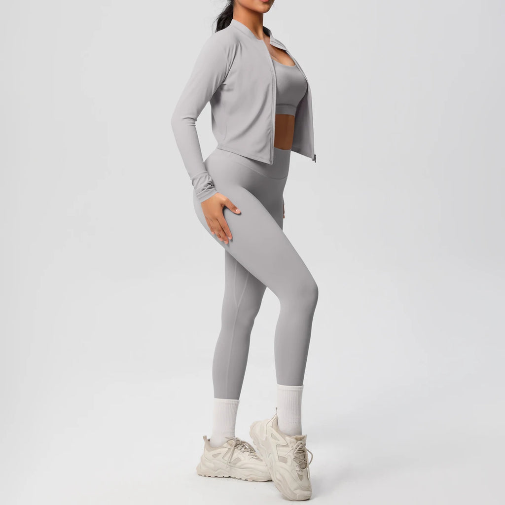 Conjunto Esportivo 3 Peças — Top + Jaqueta + Legging de Alta Performance