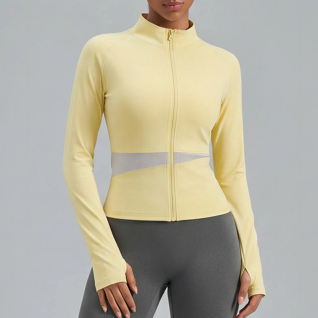 Jaqueta Fitness Gola Alta Color Block — Leve, Térmica e Premium