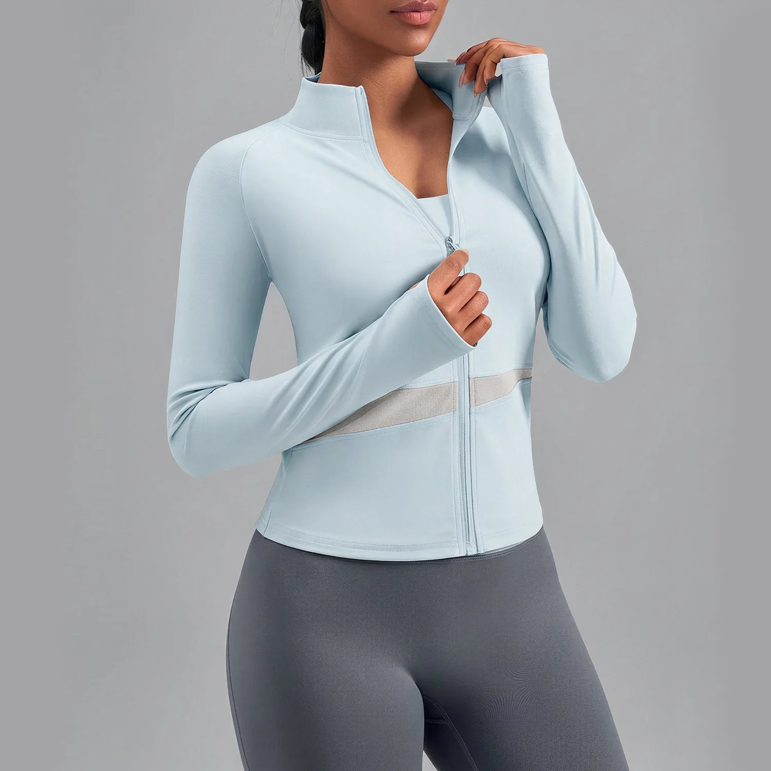 Jaqueta Fitness Gola Alta Color Block — Leve, Térmica e Premium