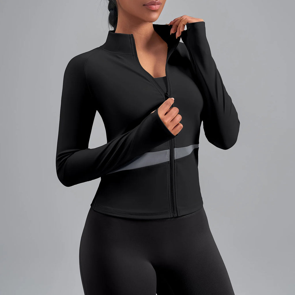 Jaqueta Fitness Gola Alta Color Block — Leve, Térmica e Premium