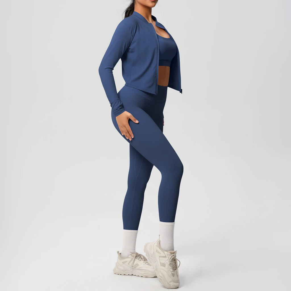 Conjunto Esportivo 3 Peças — Top + Jaqueta + Legging de Alta Performance