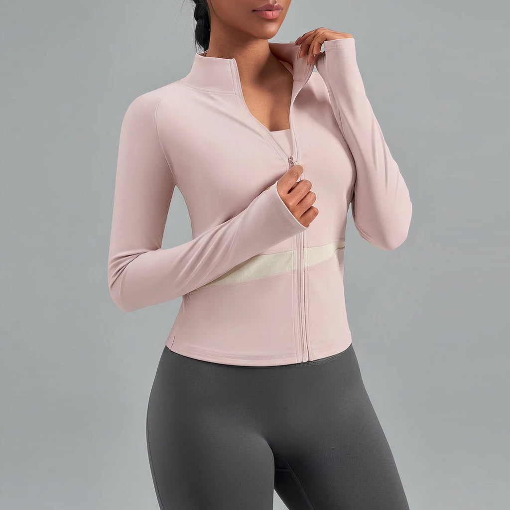 Jaqueta Fitness Gola Alta Color Block — Leve, Térmica e Premium