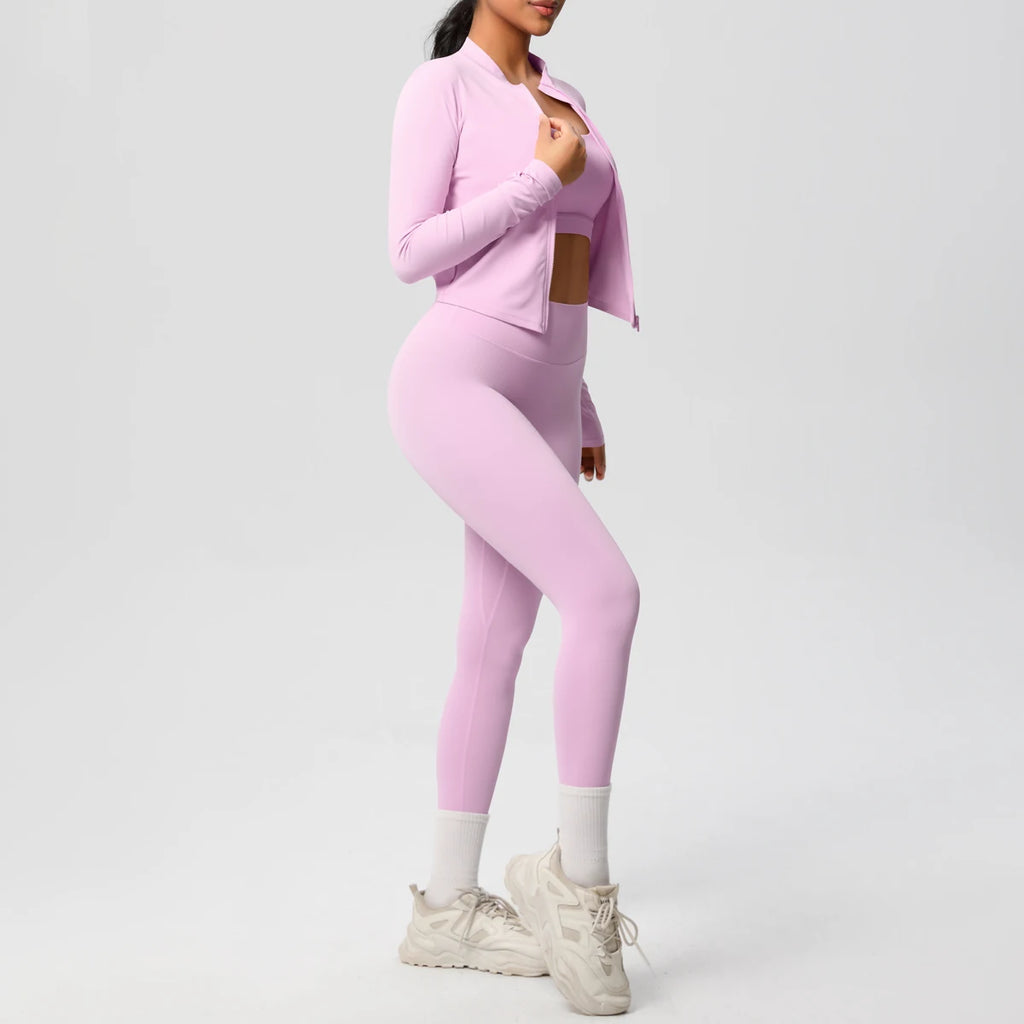 Conjunto Esportivo 3 Peças — Top + Jaqueta + Legging de Alta Performance