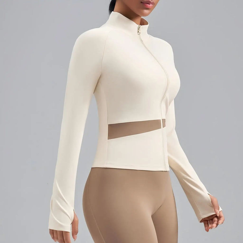 Jaqueta Fitness Gola Alta Color Block — Leve, Térmica e Premium