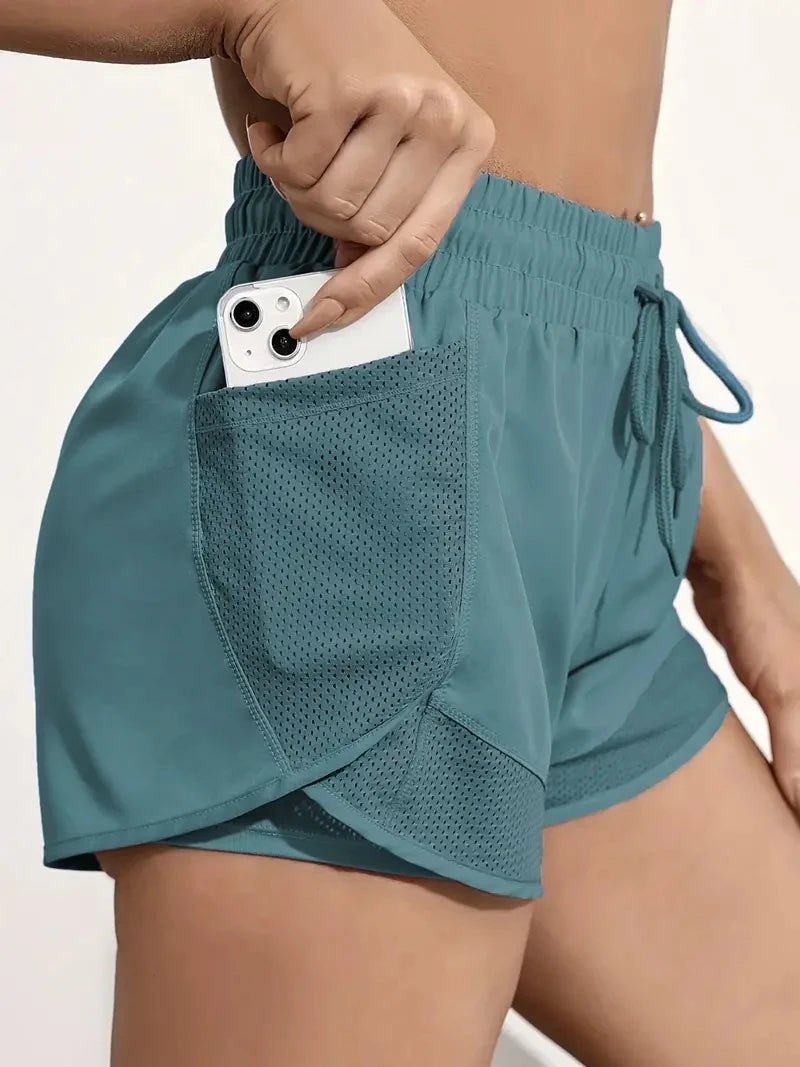 Shorts Esportivo 2 em 1 com Bolsos — Legging + Short Embutido