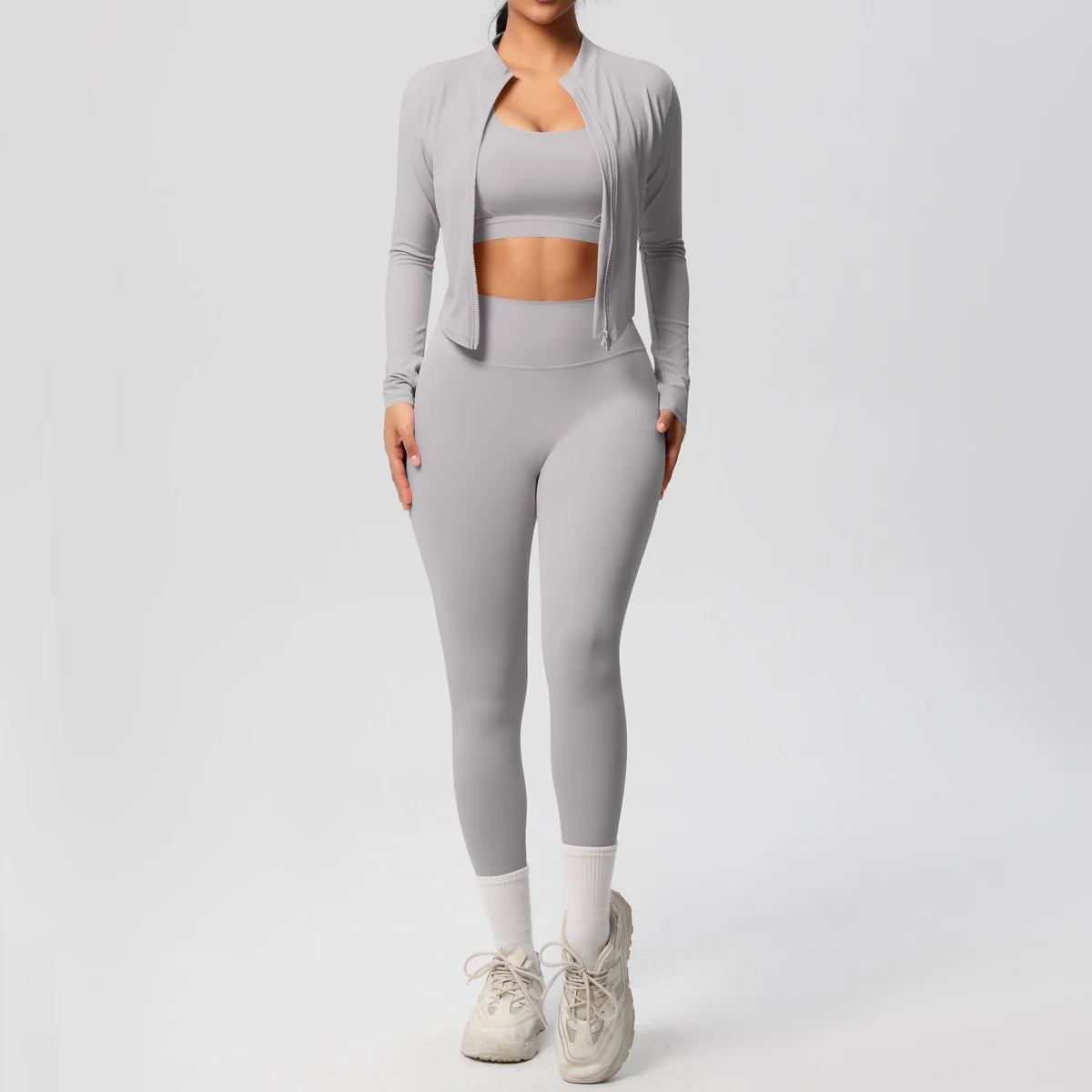 Conjunto Esportivo 3 Peças — Top + Jaqueta + Legging de Alta Performance