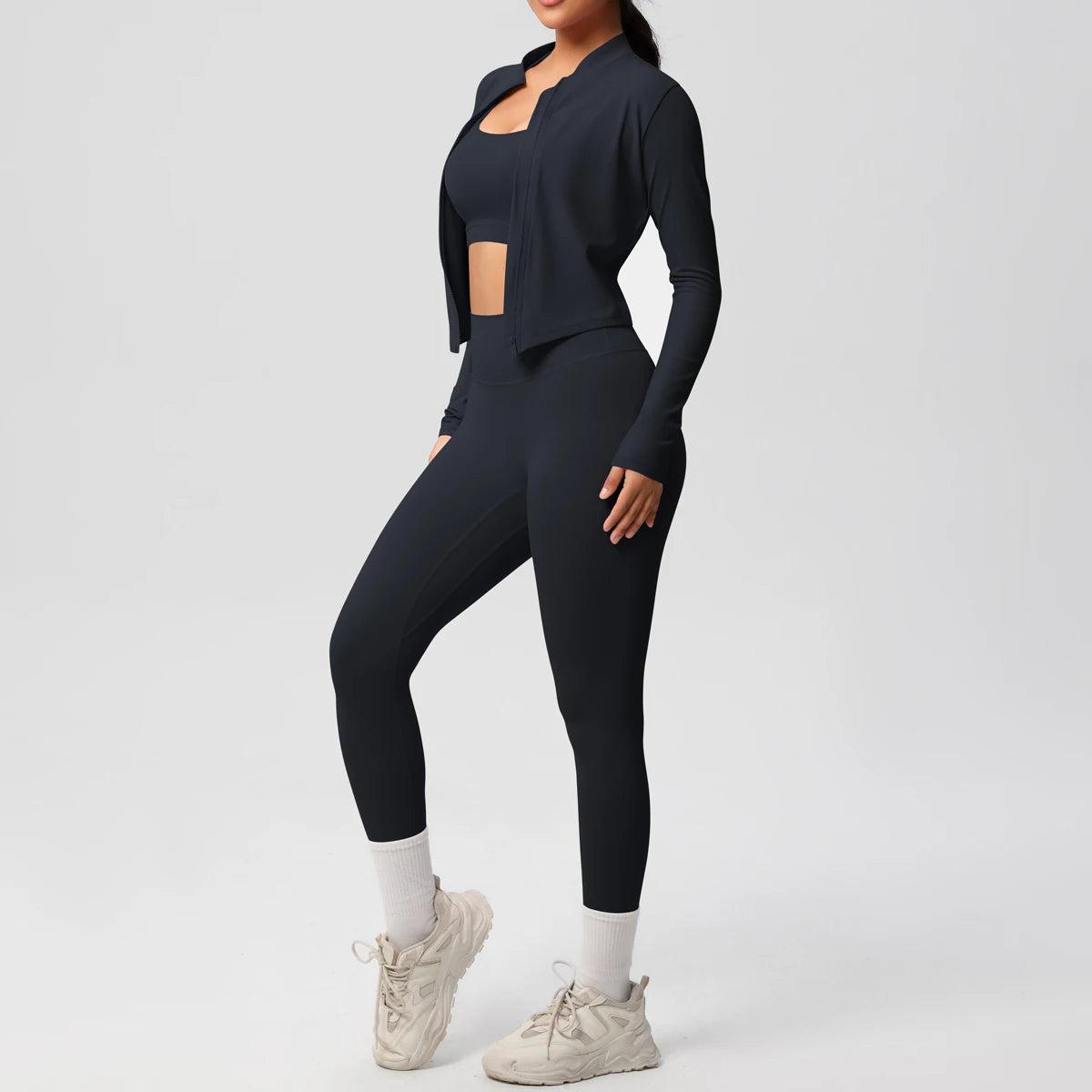 Conjunto Esportivo 3 Peças — Top + Jaqueta + Legging de Alta Performance
