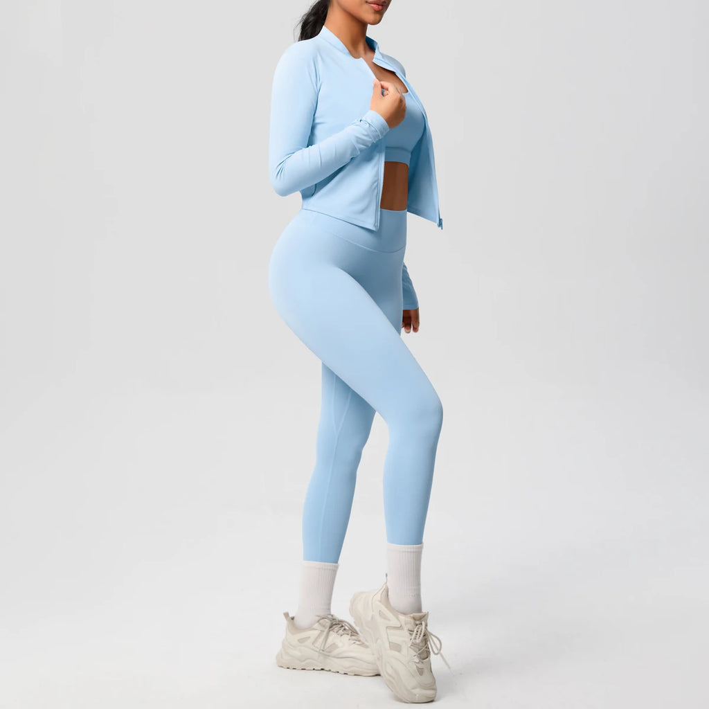Conjunto Esportivo 3 Peças — Top + Jaqueta + Legging de Alta Performance