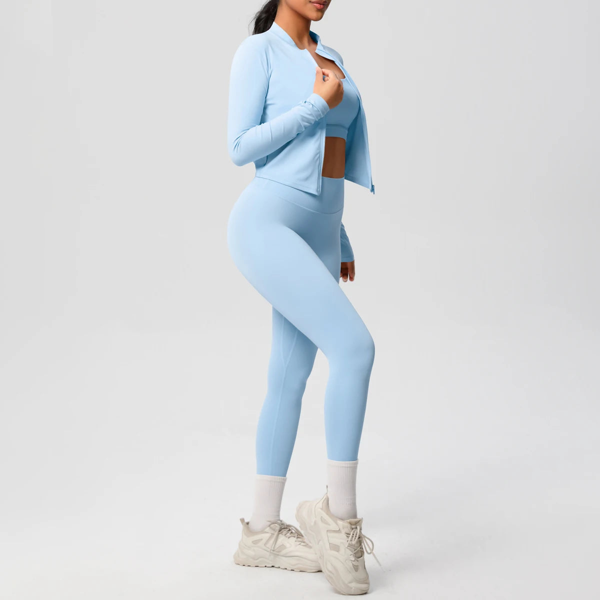 Conjunto Esportivo 3 Peças — Top + Jaqueta + Legging de Alta Performance