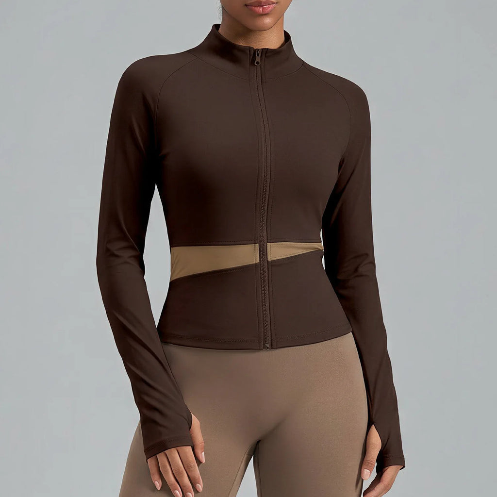 Jaqueta Fitness Gola Alta Color Block — Leve, Térmica e Premium