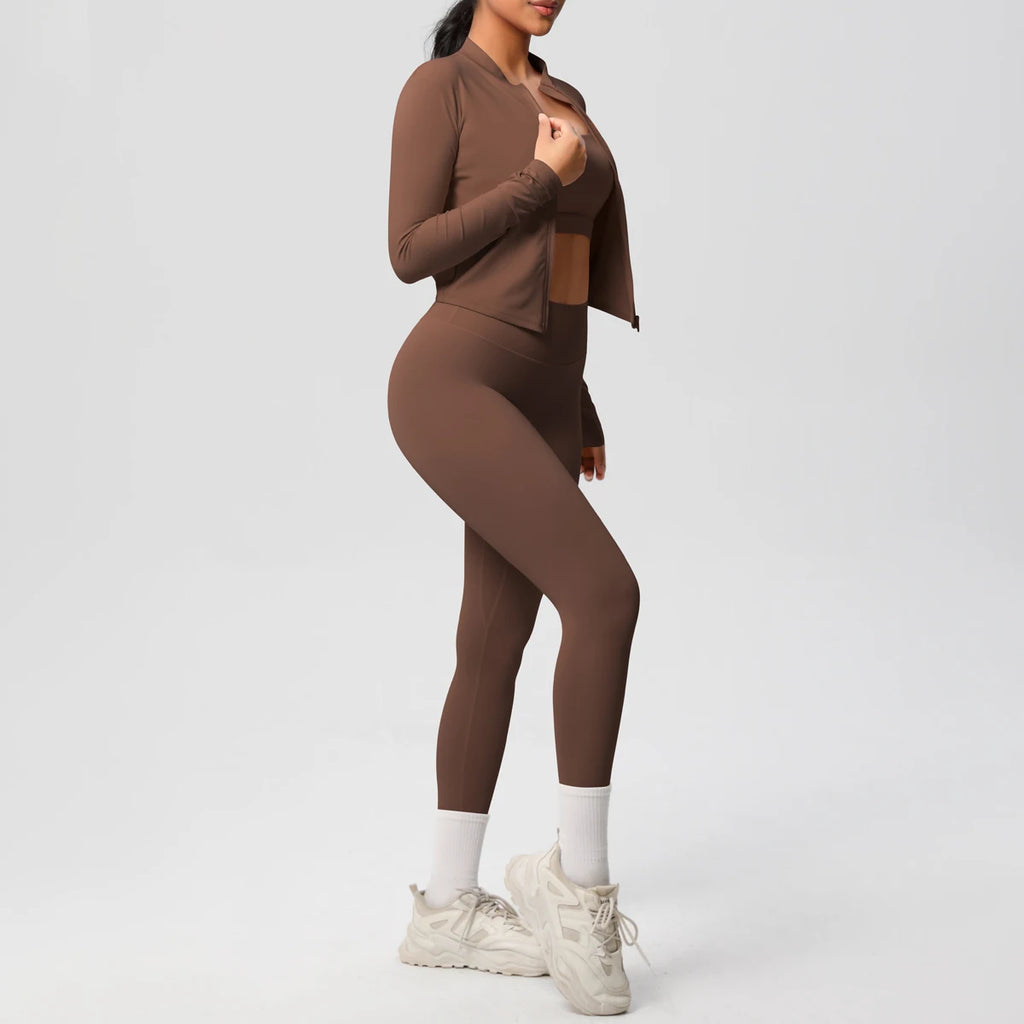 Conjunto Esportivo 3 Peças — Top + Jaqueta + Legging de Alta Performance