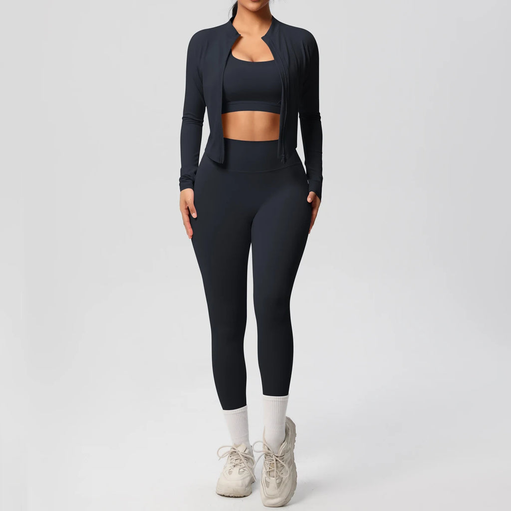 Conjunto Esportivo 3 Peças — Top + Jaqueta + Legging de Alta Performance