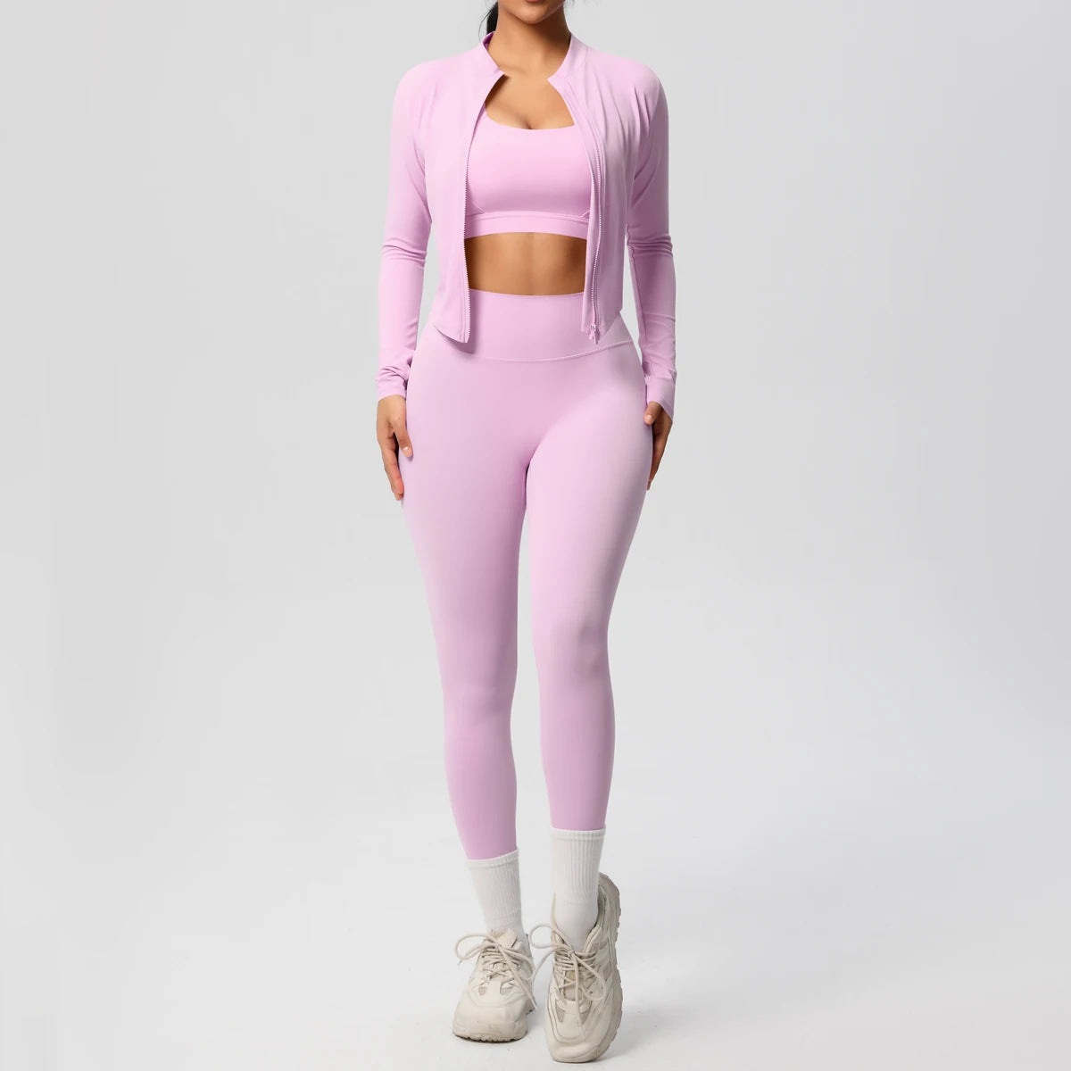 Conjunto Esportivo 3 Peças — Top + Jaqueta + Legging de Alta Performance