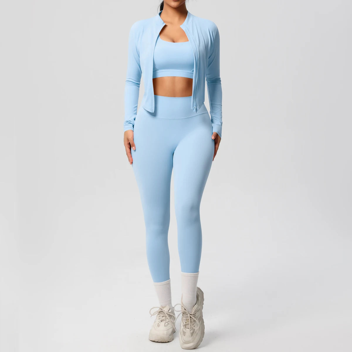 Conjunto Esportivo 3 Peças — Top + Jaqueta + Legging de Alta Performance