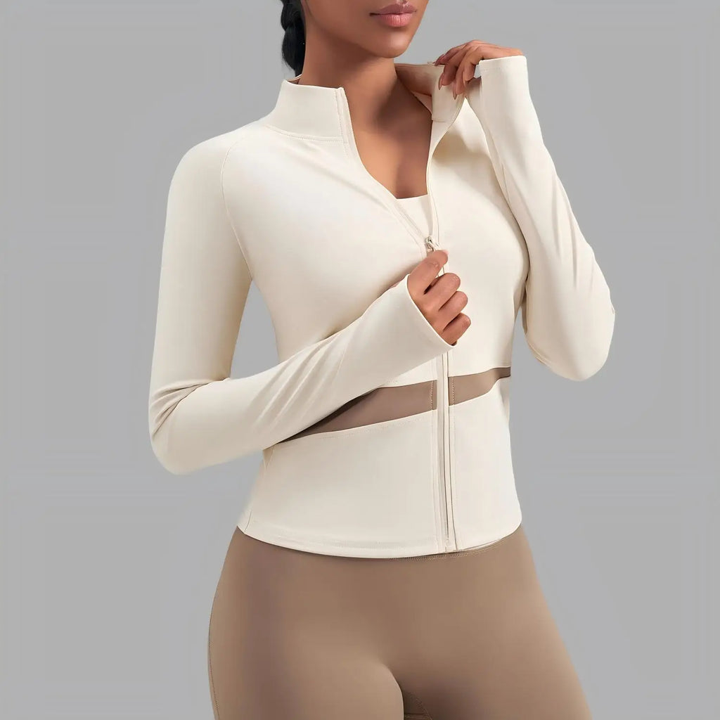 Jaqueta Fitness Gola Alta Color Block — Leve, Térmica e Premium